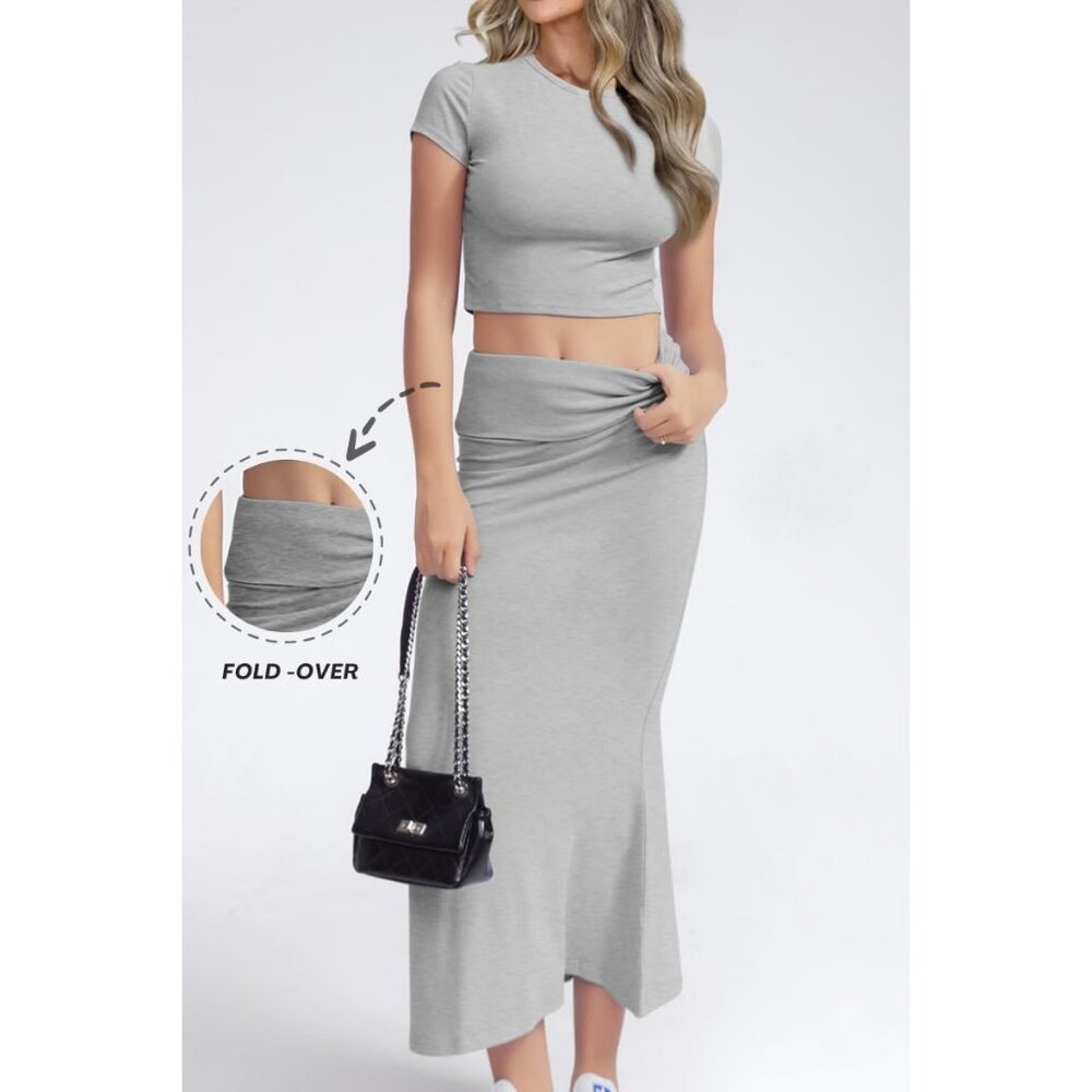 Women's Grey Two Piece Sets Sleeve Crewneck Cropped Bodycon Outfit Maxi Skirt - Picture 2 of 6